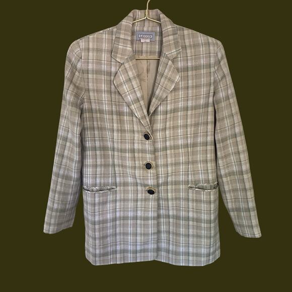 Savion Plaid Linen Blend Blazer Beige Sage Size 2P Made in Ukraine - Picture 5 of 9